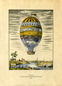 Una stampa d'epoca a colori che mostra la sontuosa decorazione dell'aerostato di Adorna