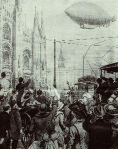 Enrico Forlanini in volo su Milano con il dirigibile 'Leonardo Da Vinci' nel 1909 in una illustrazione della Domenica del Corriere (immagine tratta da 'Aerostati' di M.Majrani, Edizioni dell'Ambrosino)