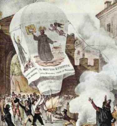 Il lancio di un pallone in occasione di una festa religiosa a Frascati in una stampa del 1823 (Collezione Museo Caproni, Trento)
