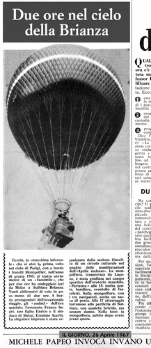 Uno volo in pallone a gas di Franco Segré in un articolo di giornale del 1967